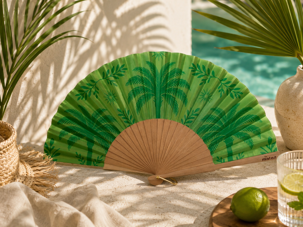 ÉVENTAIL ILLUSTRÉ PALMIER RIVIERA VERT – éventail by mataz